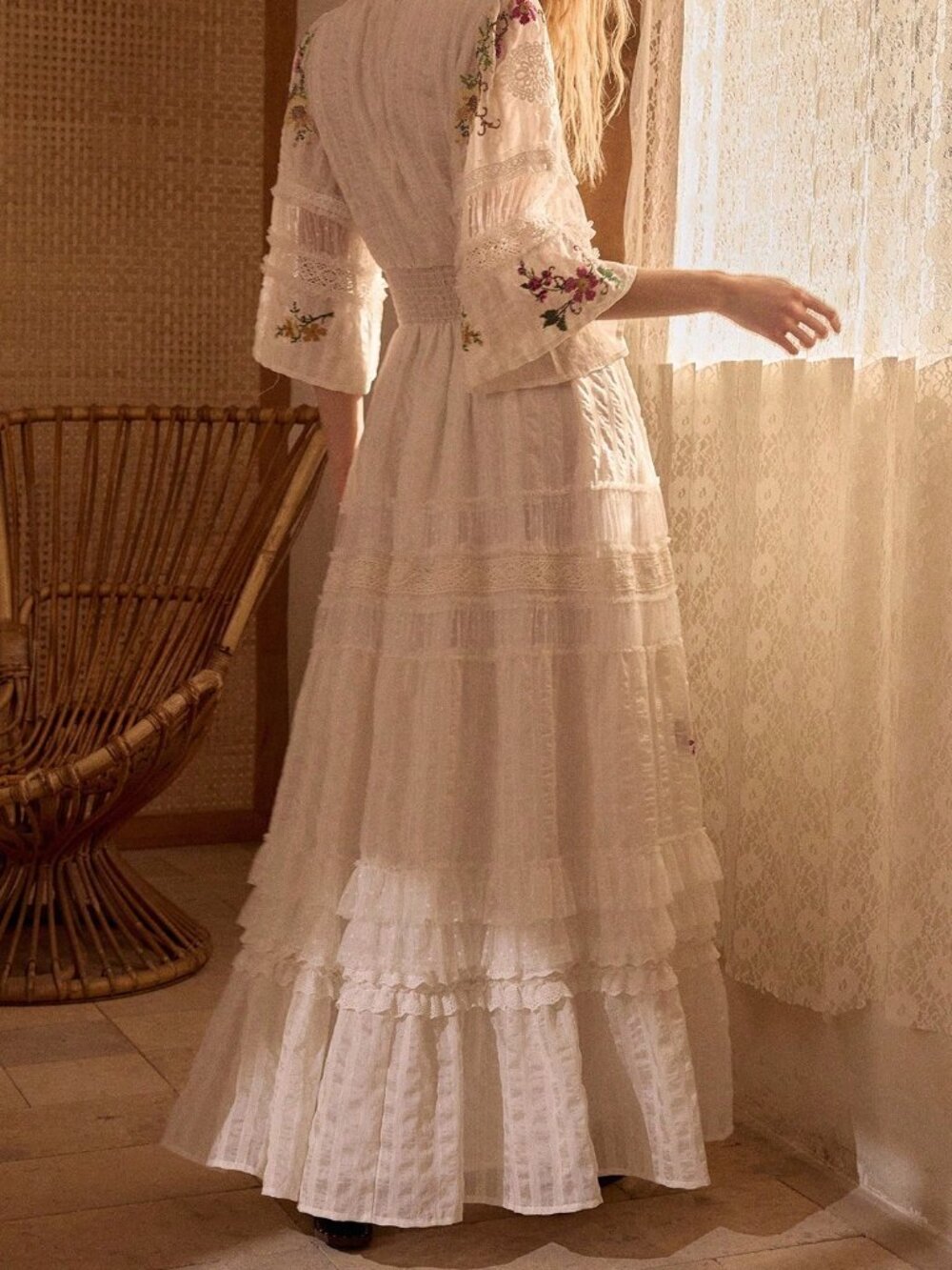 Beige Boho Women's Embroidered Patchwork Long Vacation Dress - Picture 2 of 8